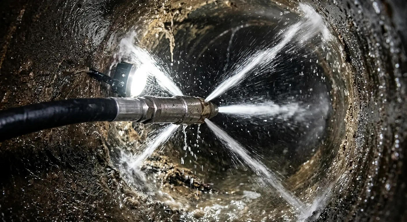 High-pressure hydro jetting nozzle cleaning sewer pipe for Trenchless Sewer Repair in West Melbourne