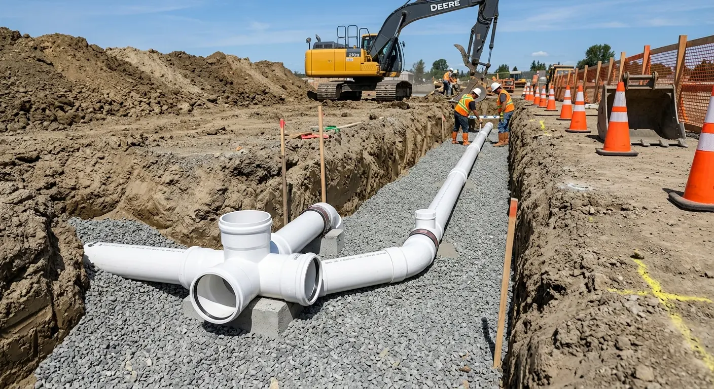 New PVC sewer pipe installation in open trench for Sewer Camera Inspection in West Melbourne