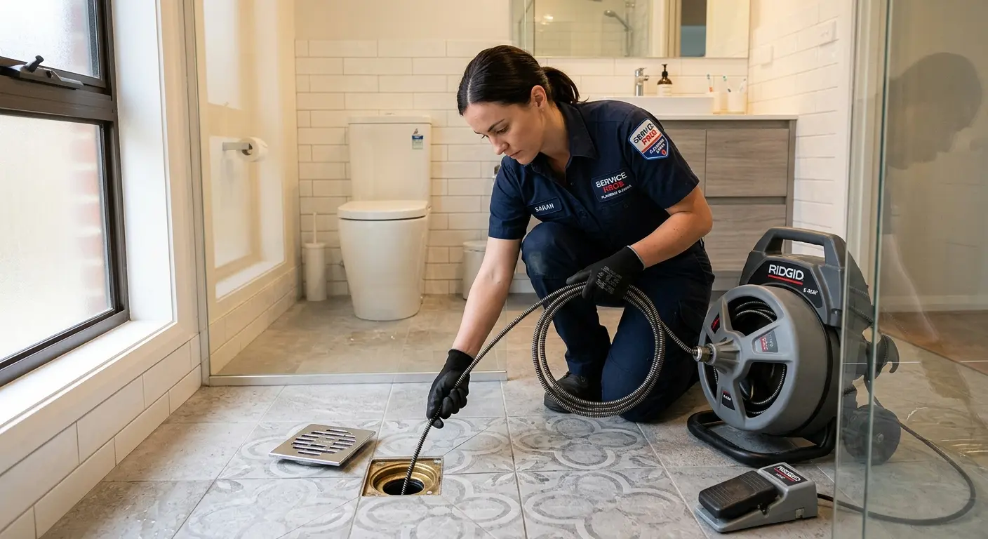 Technician clearing a bathroom floor drain for Drain Repair in West Melbourne